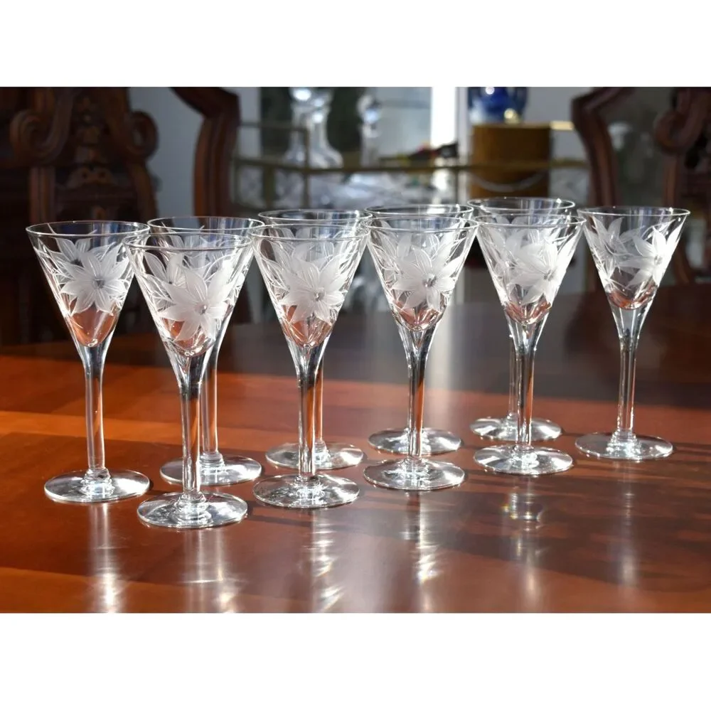 Set of 10 Hand-Blown & Etched Wine Glasses – UNK257 Pattern